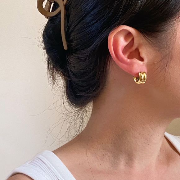 18K Gold Plated Double Stacked C Hoop Earrings - Picture 6 of 7